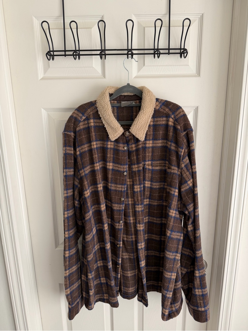 ASOS Brown and Blue Plaid Button-Down Shirt with Cream Sherpa Collar